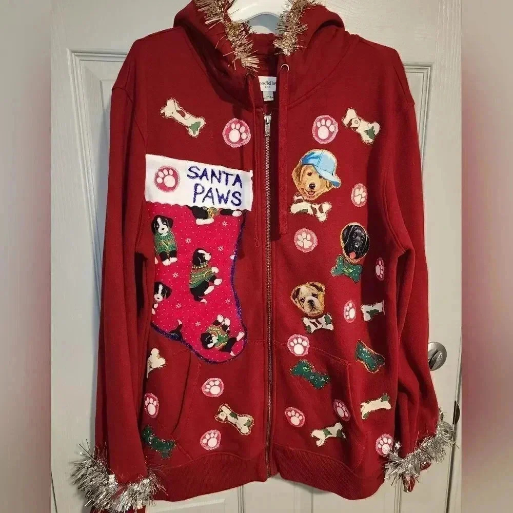1 ofa Kind Custom Handmade Ugly Christmas Sweater Hoodie Santa Paws Dogs Men's L